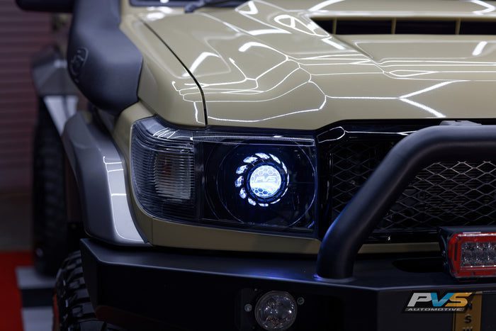 LC70/LC71/LC76/LC78/LC79 Black LED Headlights Coloured Halo + Demon Eyes Clear Lens